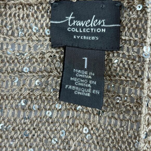 Chico's Travelers Tunic Cardigan Womens Size M Beige Sequined Open Front - Picture 3 of 10